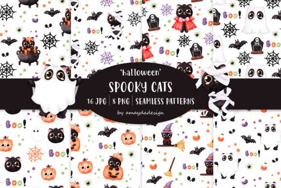 Download Cute Halloween Cats Seamless Pattern - Sea Collection