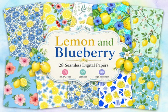 Download Lemon and Blueberry Seamless Patterns - Sea Collection