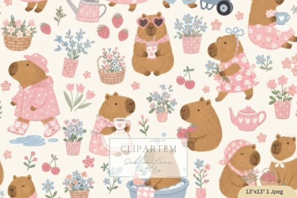 Download Cottagecore Capybara Seamless Pattern - Sea Collection