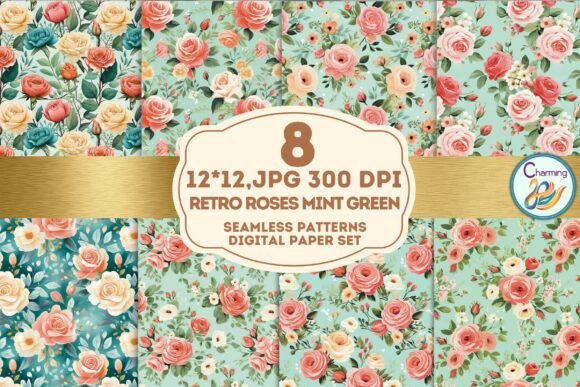 Download Seamless Paper: Retro Roses Mint Green - Sea Collection