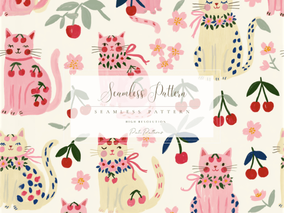 Download Cute Cherry Cat Seamless Pattern PNG for Kids - Sea Collection