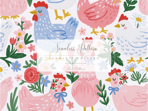 Download Whimsical Chickens Seamless Pattern PNG with Flowers - Sea Collection