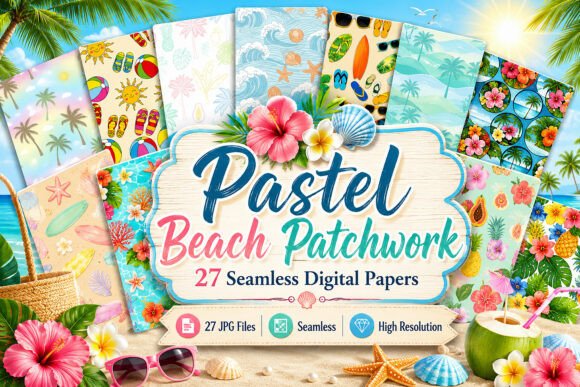 Download Pastel Beach Patchwork Seamless Paper - Sea Collection